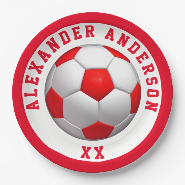 Soccer Red Name and Jersey Personalise   Paper Plate (Front)