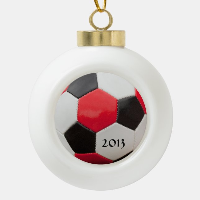Soccer Red White and Black Ceramic Ball Christmas Ornament (Front)