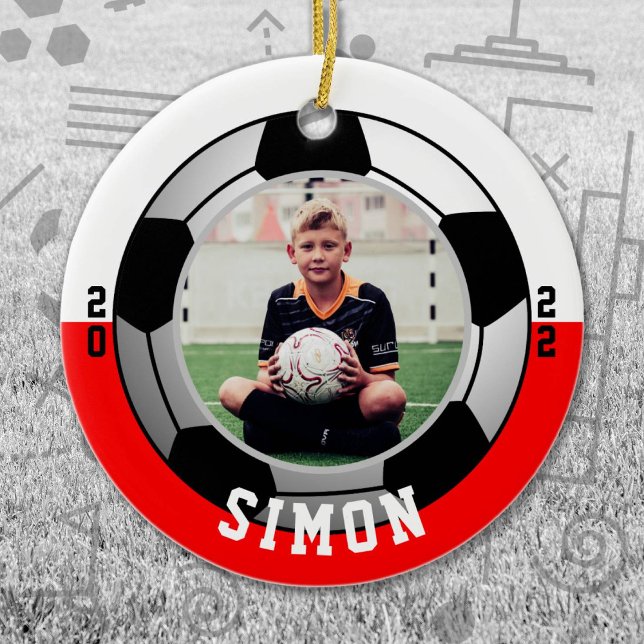 Soccer Red White Team Colours Ceramic Tree Decoration (Red and White Soccer Let's Go Team Ornament. Celebrate your high school or college athlete.)