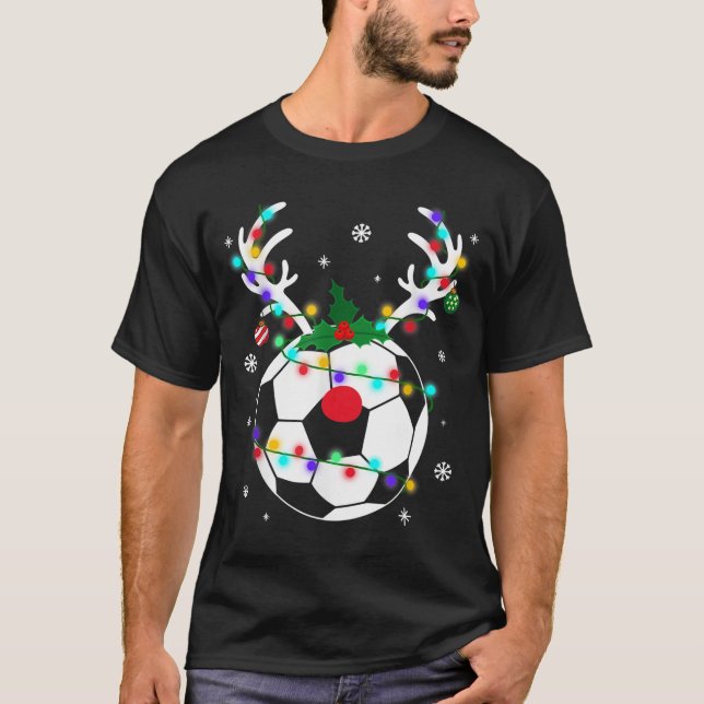 Soccer Reindeer Xmas Tree Christmas Outfits T-Shirt (Front)