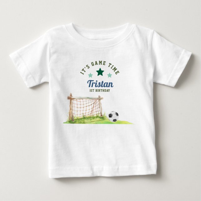Soccer Rookie “It’s Game Time” First Birthday Baby T-Shirt (Front)