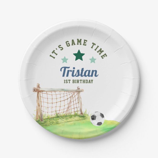 Soccer Rookie “It’s Game Time” First Birthday Paper Plate (Front)