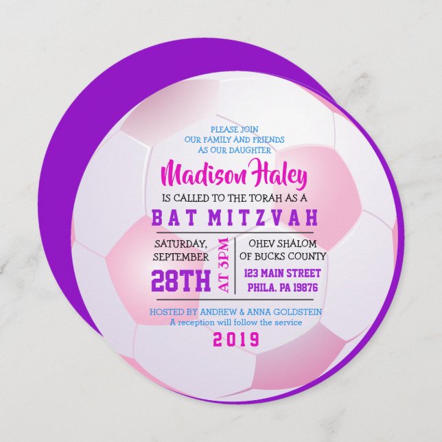 SOCCER ROUND GIRLS Bat Mitzvah Invitation (Front/Back)