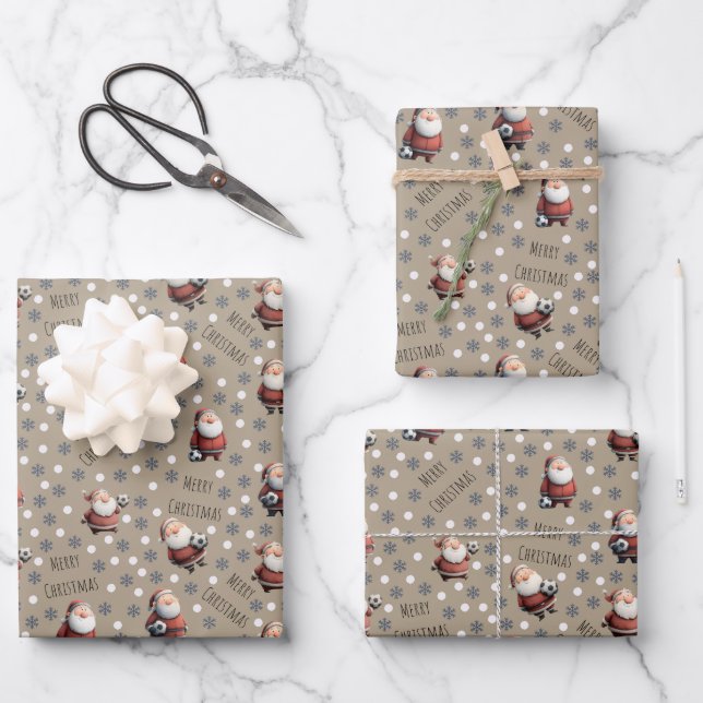 Soccer Santa on Desert Brown Wrapping Paper Sheet (Front)