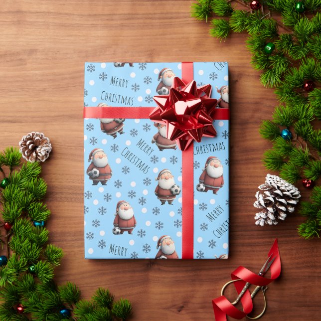 Soccer Santa on Light Blue Wrapping Paper (Holiday Gift)