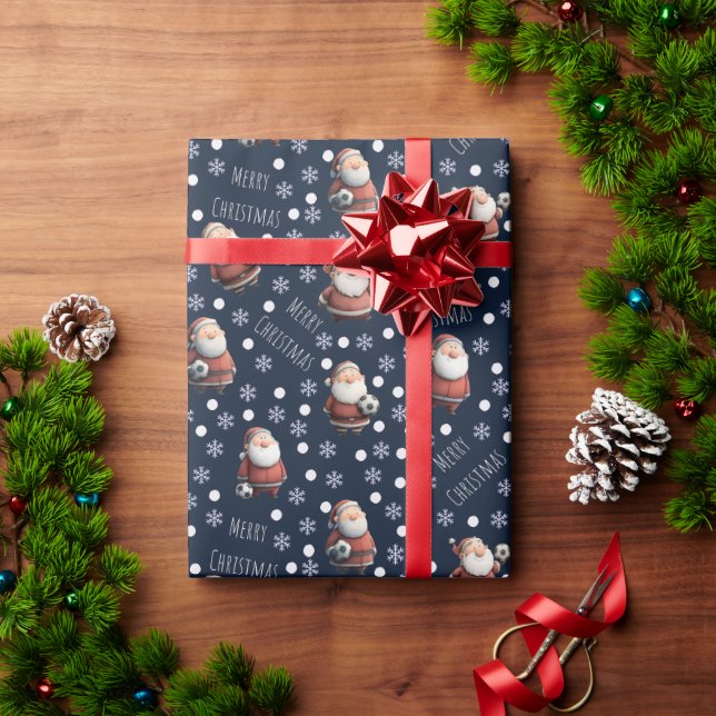 Soccer Santa on Navy Blue Wrapping Paper (Holiday Gift)