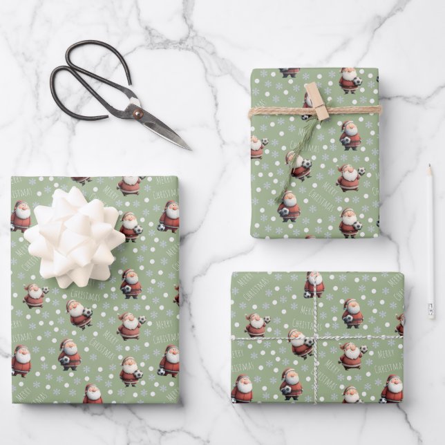 Soccer Santa on Sage Green Wrapping Paper Sheet (Front)
