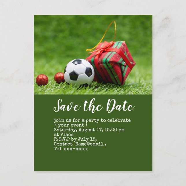 Soccer save the date  with ball for Christmas Postcard (Front)