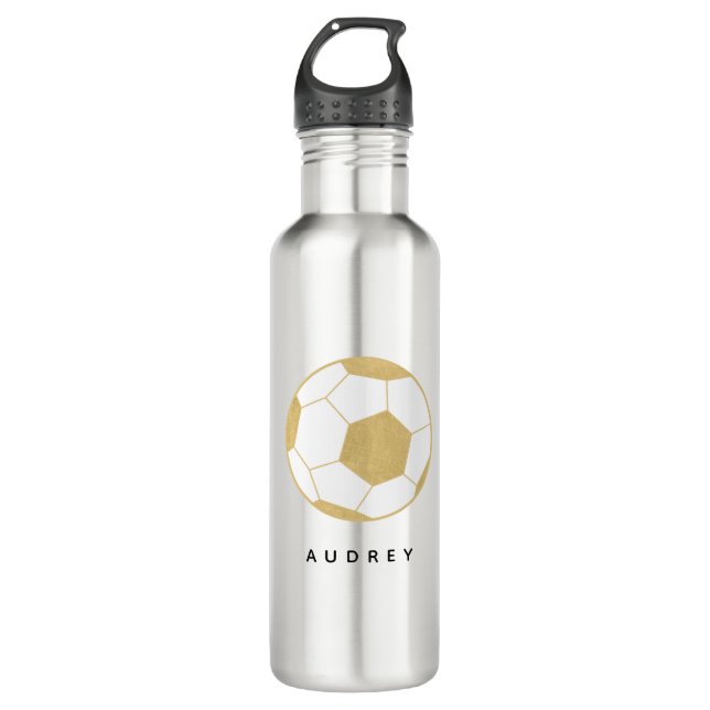 Soccer Sports Custom Name Gold Grey Water Bottle (Front)
