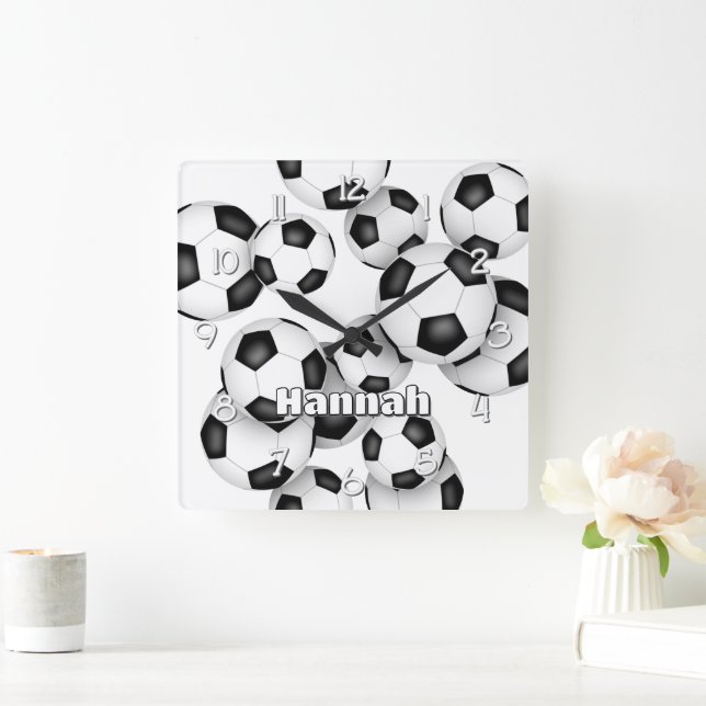 soccer sports room decor with athlete name square wall clock (Home)