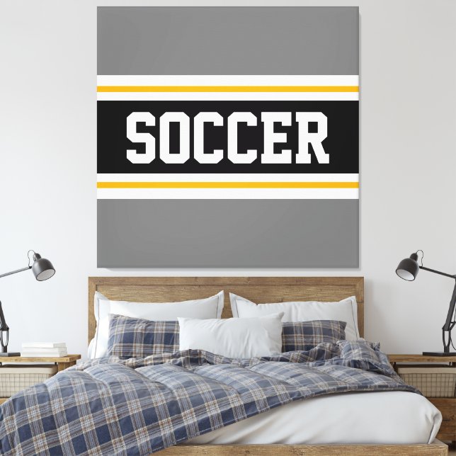 SOCCER Sporty Grey Black White Yellow Stripes Canvas Print (Insitu(Bedroom))