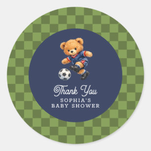 Soccer Teddy Bear Checkboard Retro Baby Shower Classic Round Sticker