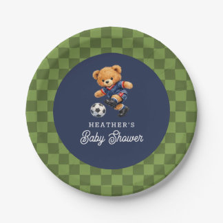 Soccer Teddy Beary Checkboard Retro Baby Shower Paper Plate