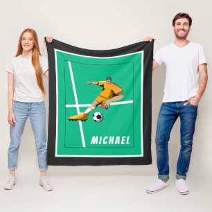 Soccer Theme Player Illustration Sports Team Green Fleece Blanket