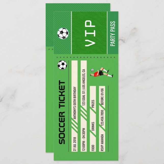 Soccer themed Birthday Party Ticket Entrance Invitation (Front/Back)