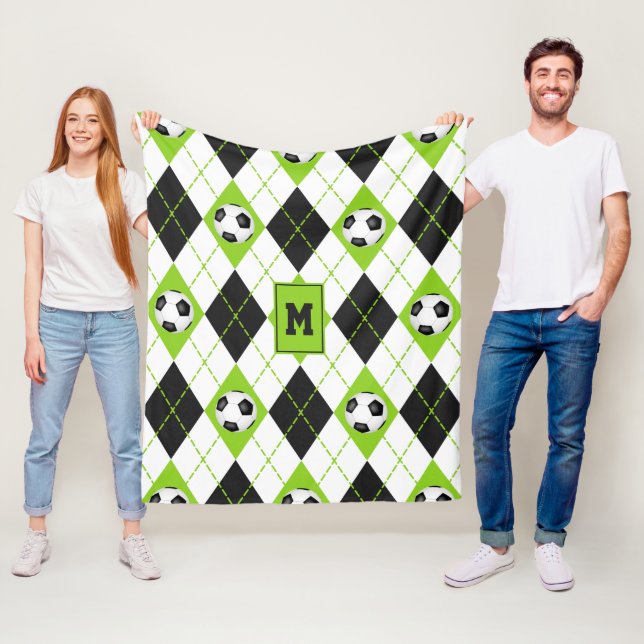soccer themed lime black white argyle pattern fleece blanket (In Situ)
