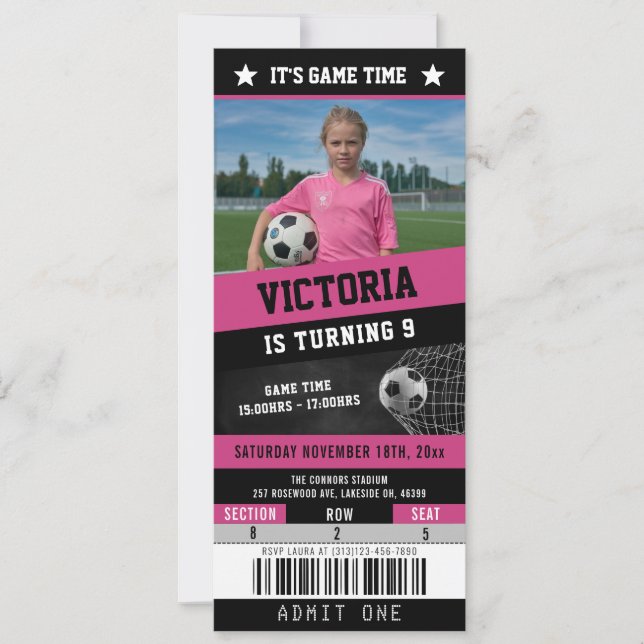 Soccer Ticket Sports Birthday Invitation | Pink (Front)