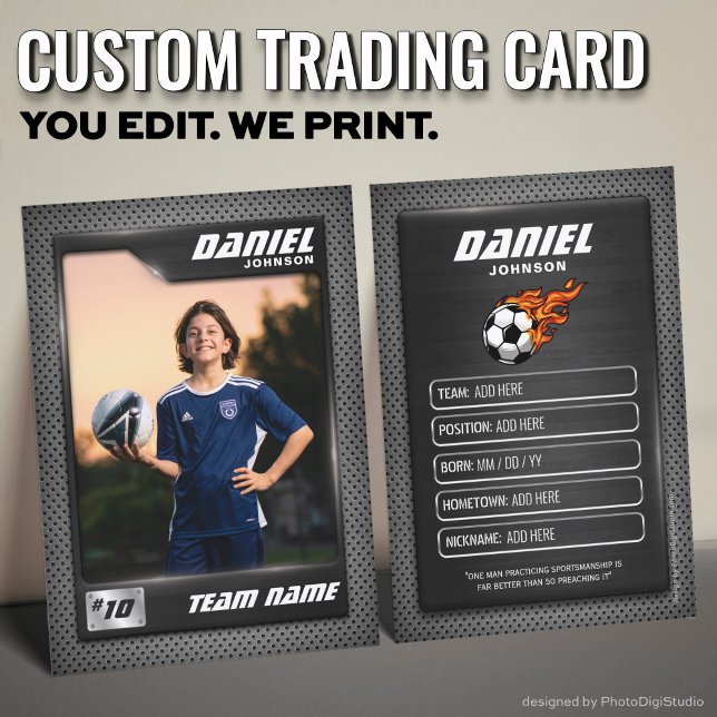 Soccer Trading Card, Graphite Sports Card  (Custom Soccer Trading Card, Black Graphite Sports Player Card)