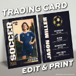 Soccer Trading Card, Soccer Player Card Black Gold<br><div class="desc">Custom Soccer Card or European Football Trading Card <<>> This is the perfect gift to celebrate the achievements of a soccer player, a personalised collection card for a passionate soccer fan, or gift these cards to each team player and coach to be forever cherished as a memory. This unique sports...</div>