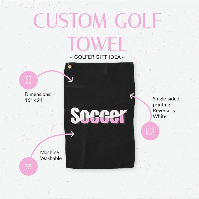 Soccer Typography Modern Art Abstract Swish Golf Towel (Pink Soccer Customizable Golf Towel)