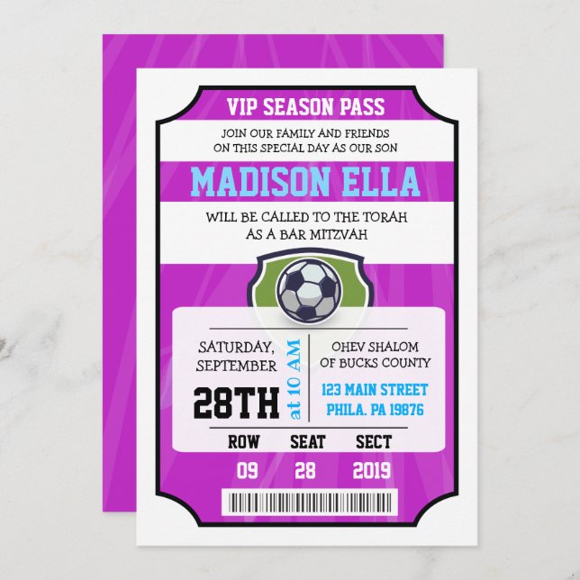 SOCCER VIP TICKET Bat Mitzvah Invitation (Front/Back)