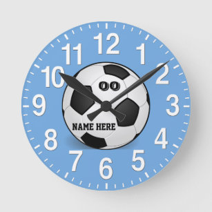 Soccer Wall Clock, BIG NUMBERS, Blue and White Round Clock