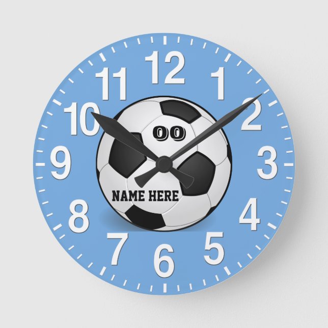 Soccer Wall Clock, BIG NUMBERS, Blue and White Round Clock (Front)