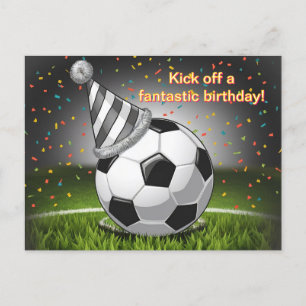 soccerball wearing birthday hat confetti birthday postcard