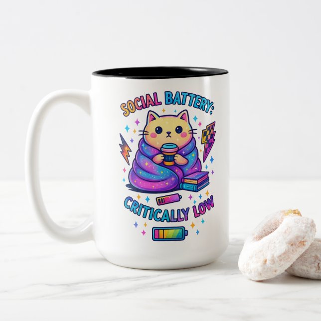 Social Battery Critically.... Two-Tone Coffee Mug (With Donut)