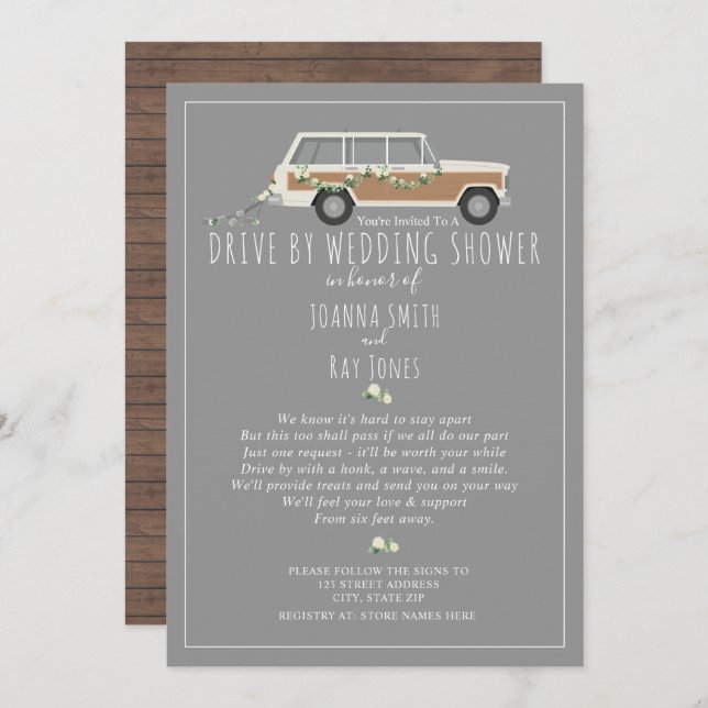 Social Distancing Drive By Wedding Shower Grey Invitation (Front/Back)
