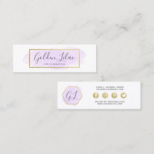 Social Influencer Pastel Purple Watercolor & Gold Mini Business Card (Front/Back)