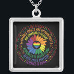 Social Justice Rainbow Colours Word Art  Silver Plated Necklace<br><div class="desc">Pretty necklace features colourful word art design that covers all the bases with its shoutout to human rights.  Quotes include:  Black Lives Matter,  Science is Real,  Love is Love,  Women's Rights are Human Rights,  No Human is Illegal,  and Kindness is Everything. Black background with centre rainbow heart and sunflower</div>