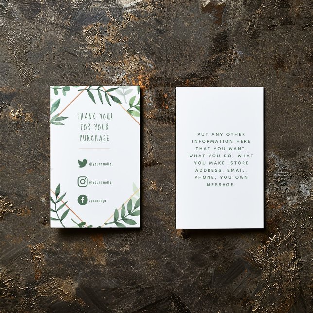 Social Links, green leaves order, thank you Enclosure Card (Green leaves and gold border, fun text enclosure card to say thank you to your customers.)