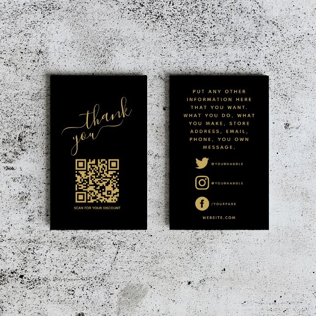 Social logos QR code, gold luxury thank you insert (Black thank you insert card with gold qr code, thank you message and social media details)