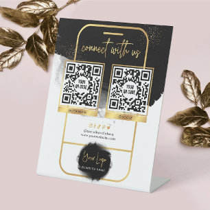 Social Media 2 QR Code Leave a Review Black & Gold Pedestal Sign