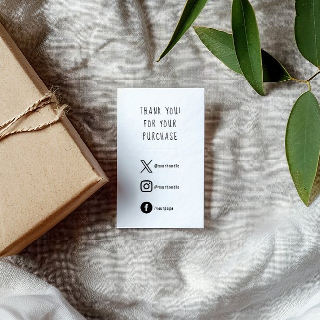 Social media, black and white order insert Card. (White enclosure card with fun black text that says "THANK YOU FOR YOUR PURCHASE" and 3 social icons)