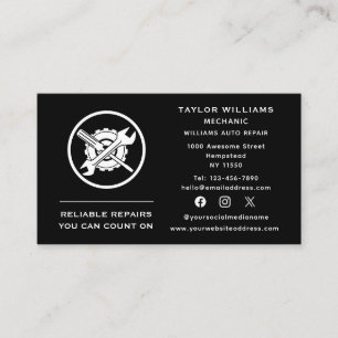 Social Media Black And White Wrench Auto Repair Business Card