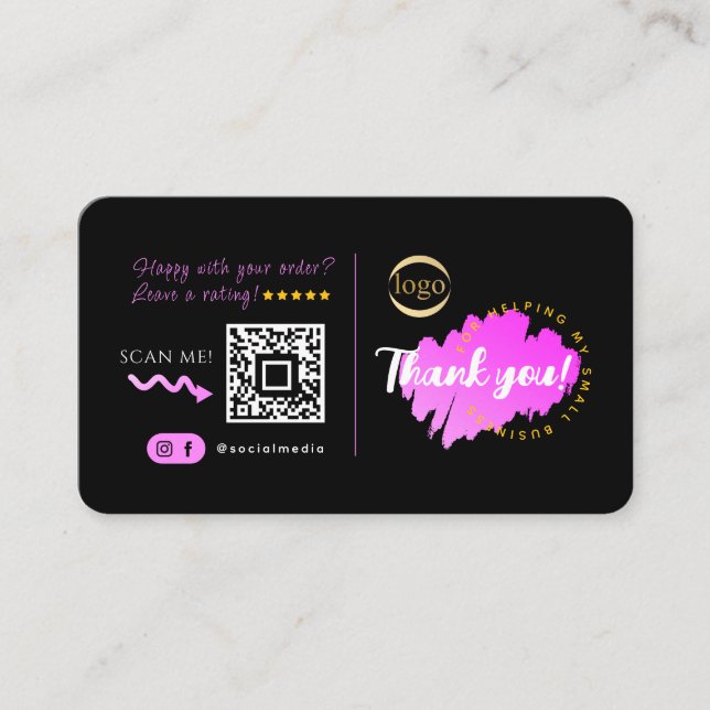 Social Media Custom QR Code & Logo Thank You Black Business Card (Front)