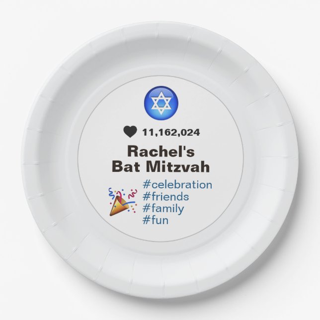 Social Media Emoji Bat Mitzvah or Bar Mitzvah Paper Plate (Front)