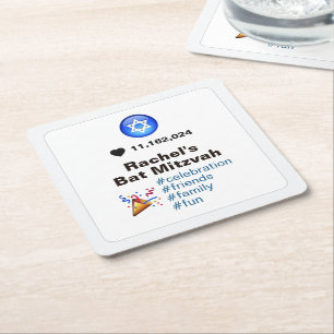 Social Media Emoji Bat Mitzvah or Bar Mitzvah Square Paper Coaster
