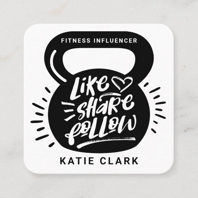 Social Media Fitness Influencer Kettlebell White Square Business Card (Front)