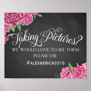 Social media hashtag wedding sign peony rose sign