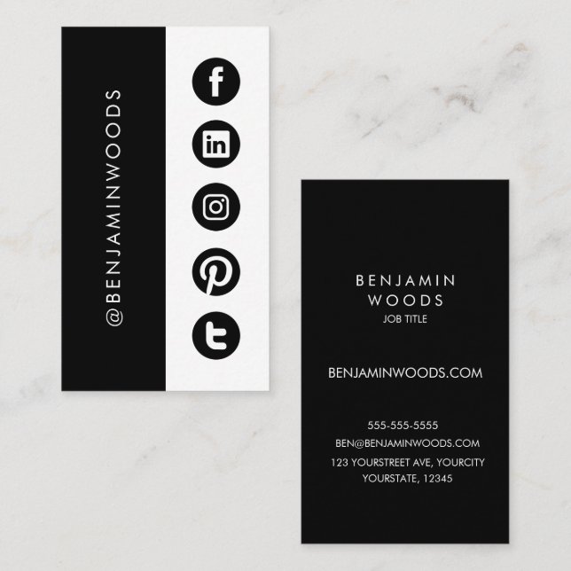 Social media icons black white modern minimalist business card (Front/Back)
