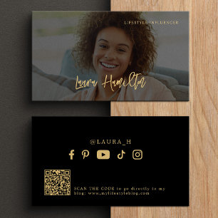 Social media influencer photo qr code black gold business card