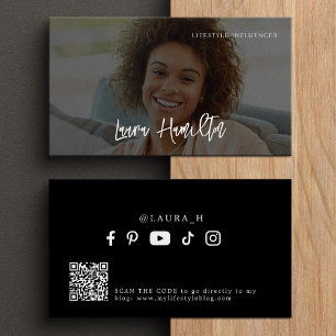 Social media influencer photo qr code modern black business card