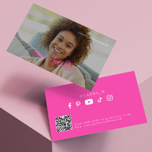 Social media influencer photo qr code pink business card