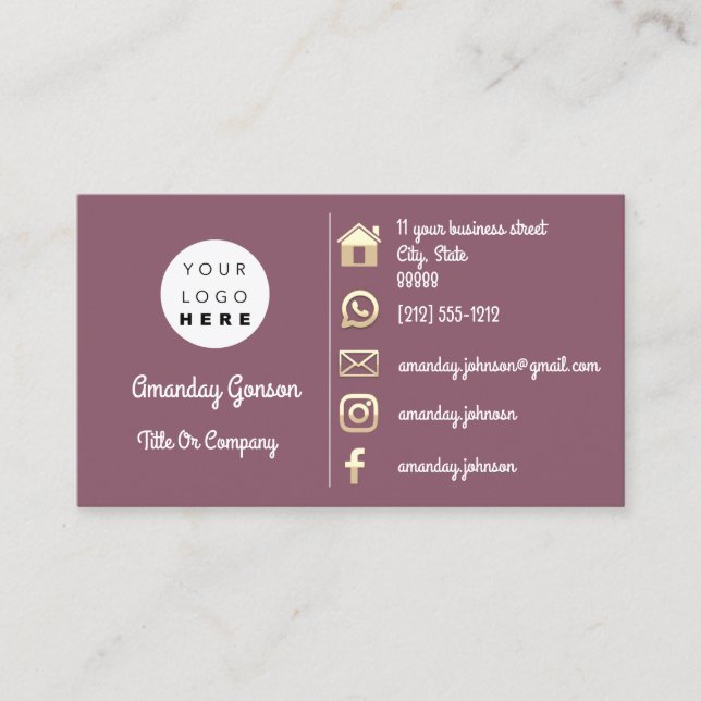 Social Media Logo Gold QR Code Address Rose  Business Card (Front)