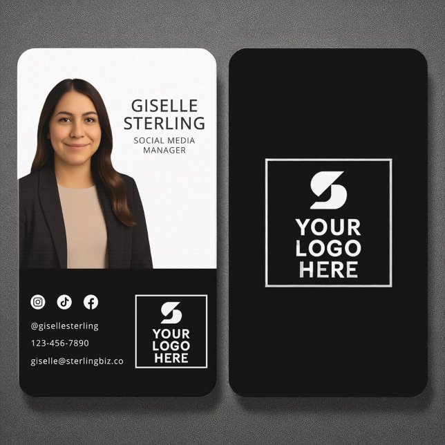 Social Media Manager Black White Photo Logo  Business Card (Creator Uploaded)