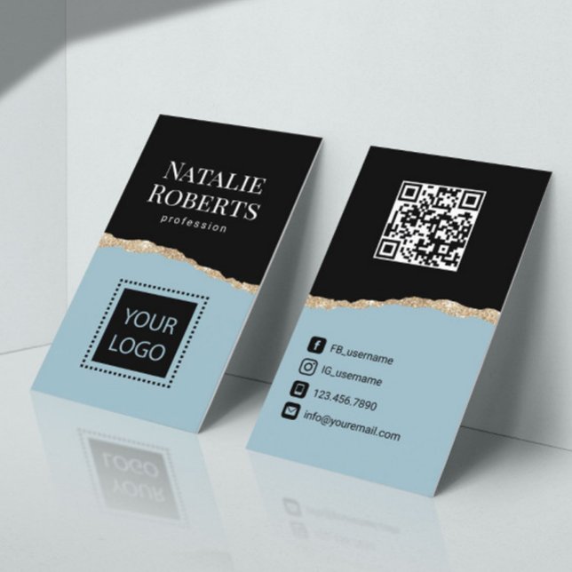 Social Media Mint Blue Black & Gold QR Code Business Card (Creator Uploaded)