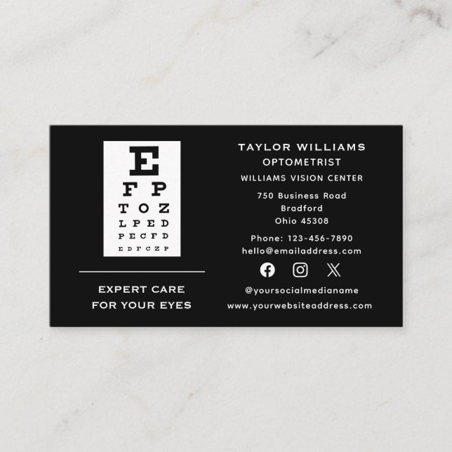 Social Media Optometrist Optician Ophthalmologist Business Card (Front)